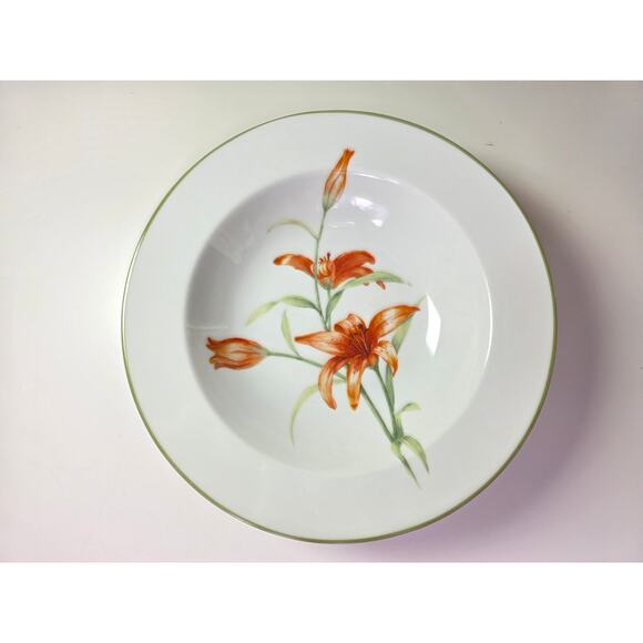 222 FIFTH White Floral BLOOM Green Lip Large Rim Soup Bowls Set of 4 - Picture 2 of 9